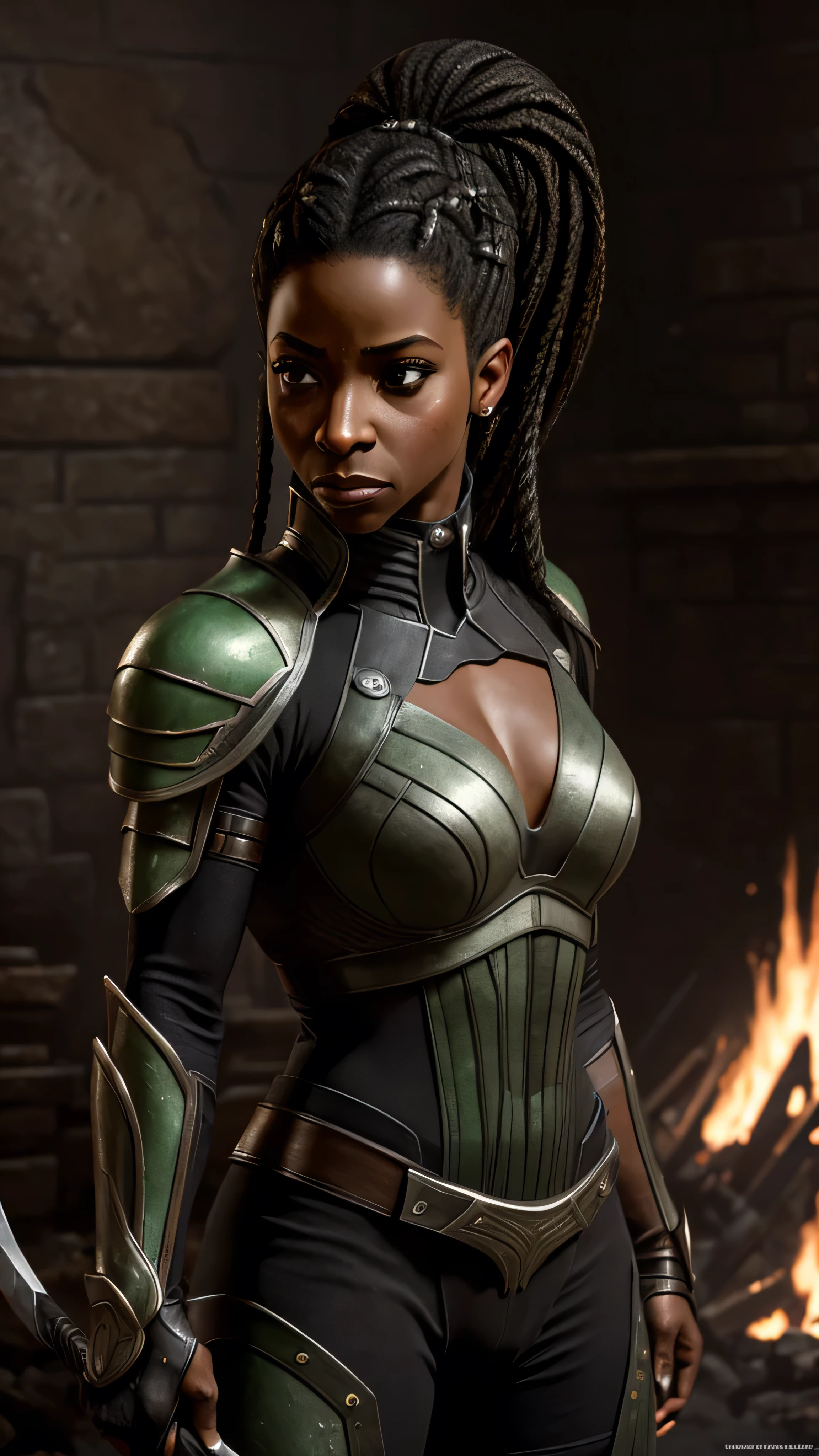 (Teyonah Parris) as Jacqui Briggs from Mortal Kombat, black hair rings, brown eyes, cyberpunk armor, cyberpunk guantlets, cyberpunk boots, standing, city, (insanely detailed, beautiful detailed face, masterpiece, best quality), cinematic lighting, 1woman, solo, full body view, front view, looking at viewer, intricate, high detail, sharp focus, dramatic, photorealistic painting art by greg rutkowski