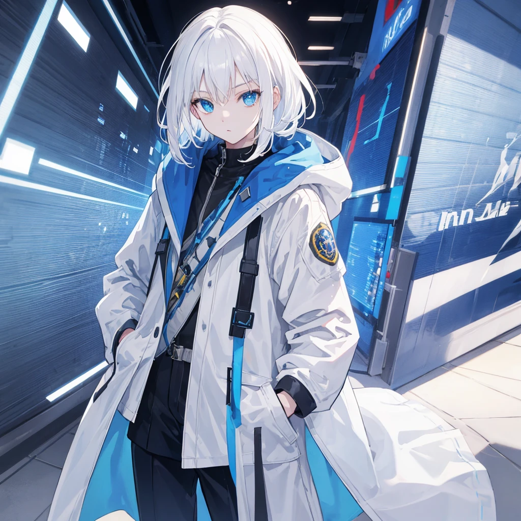 (masterpiece,Highest quality,Anime Style,Ray Tracing,CG rendering),White Hair,長いWhite Hair,Hair Straightening,Blue Eyes,blue and white trench coat,Futuristic design,Clothing of the future,Solo,Cowboy Shot、Hands in pockets