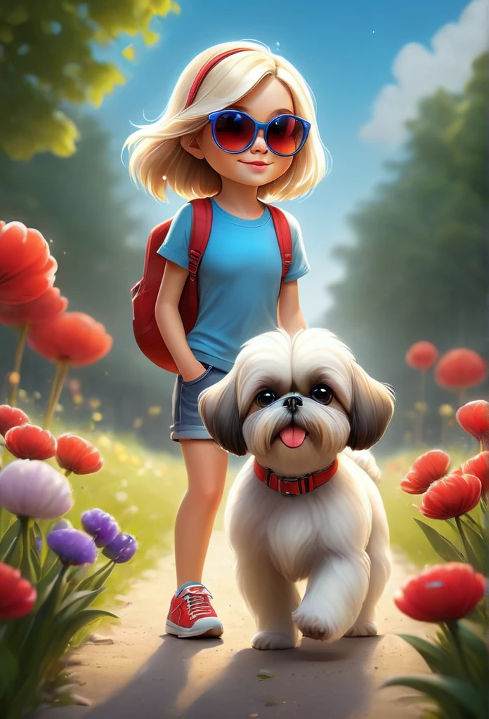 1 cute blonde girl with blue eyes wearing red sunglasses, red shirt and denim shorts, bright tennis shoes, 2 small black Shih Tzu puppies with big bright blue eyes wearing red sunglasses, walking at dog park, squirrels, bunnies, butterflies, flowers in background, (best quality,4k,8k,highres,masterpiece:1.2),ultra-detailed,(realistic,photorealistic,photo-realistic:1.37),gorgeous lighting, vibrant colors, soft focus, intricate details, dynamic composition