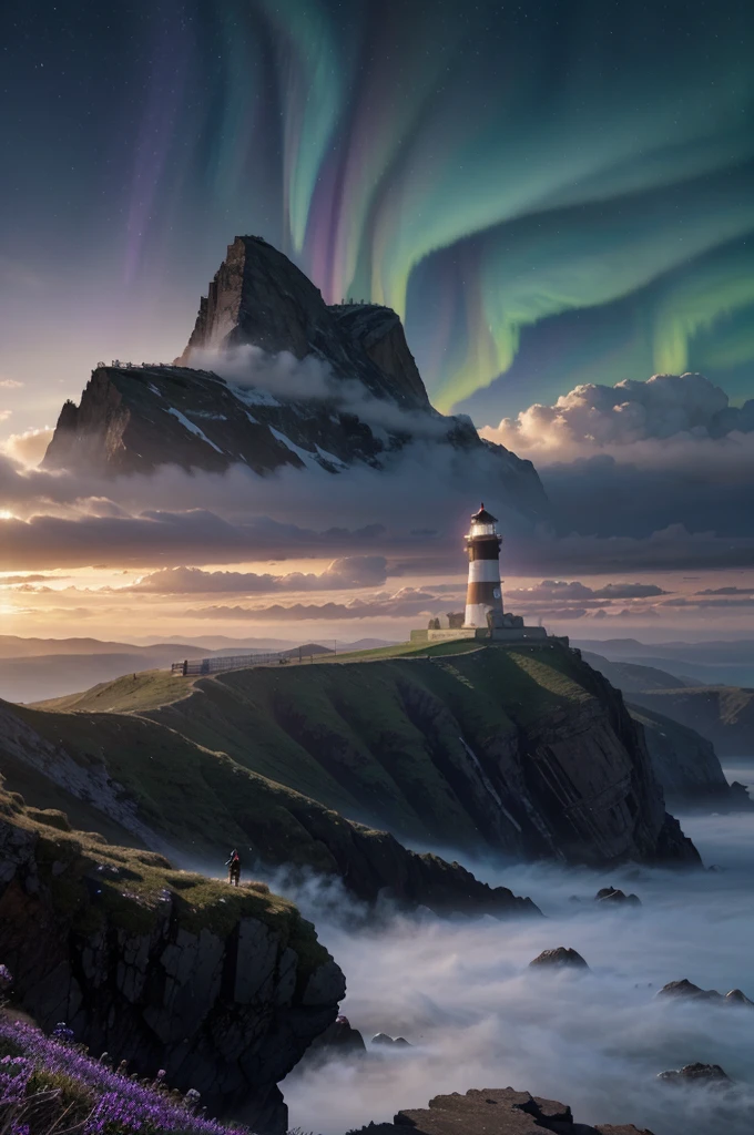 A lighthouse with a bright blue and purple aurora light above it on a cliff, Max Rive, fantasy art by Jessica Rossier, Marc Adamus, Lt. Alexander Kucharsky, beautiful digital artwork, magical colors and atmosphere, amazing wallpaper, beautiful wallpaper, magnificent background, Conceptual art, awesome atmosphere, Lt. Jessica Rossier, beautiful and aesthetic, dream matte painting, incredibly epic images, watercolor