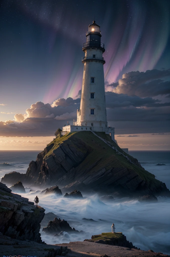 A lighthouse with a bright blue and purple aurora light above it on a cliff, Max Rive, fantasy art by Jessica Rossier, Marc Adamus, Lt. Alexander Kucharsky, beautiful digital artwork, magical colors and atmosphere, amazing wallpaper, beautiful wallpaper, magnificent background, Conceptual art, awesome atmosphere, Lt. Jessica Rossier, beautiful and aesthetic, dream matte painting, incredibly epic images, watercolor