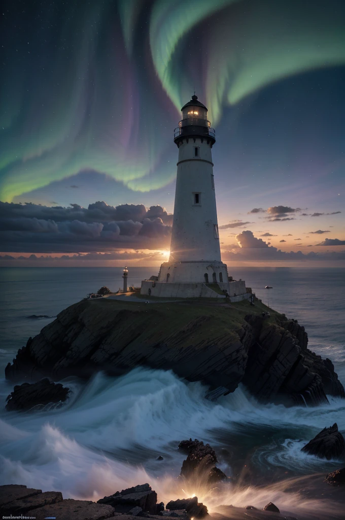 A lighthouse with a bright blue and purple aurora light above it on a cliff, Max Rive, fantasy art by Jessica Rossier, Marc Adamus, Lt. Alexander Kucharsky, beautiful digital artwork, magical colors and atmosphere, amazing wallpaper, beautiful wallpaper, magnificent background, Conceptual art, awesome atmosphere, Lt. Jessica Rossier, beautiful and aesthetic, dream matte painting, incredibly epic images, watercolor