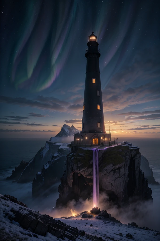 A lighthouse with a bright blue and purple aurora light above it on a cliff, Max Rive, fantasy art by Jessica Rossier, Marc Adamus, Lt. Alexander Kucharsky, beautiful digital artwork, magical colors and atmosphere, amazing wallpaper, beautiful wallpaper, magnificent background, Conceptual art, awesome atmosphere, Lt. Jessica Rossier, beautiful and aesthetic, dream matte painting, incredibly epic images, watercolor