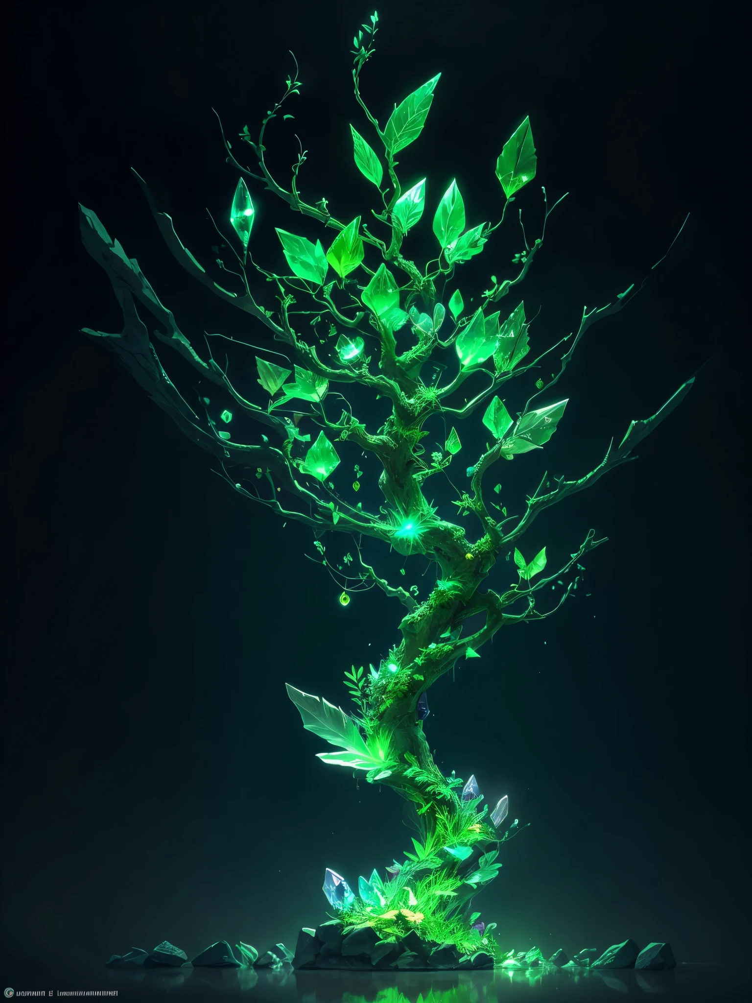a green glowing tree with a leaf shaped like a tree, concept art by Stefan Lochner, trending on cgsociety, conceptual art, green crystal, glowing green crystals, full of glass. cgsociety, green aura, glowing green, elemental guardian of life, intricate a whole fantasy leaf, 🌺 cgsociety, emerald artifacts, trendin on artstation, rendered art