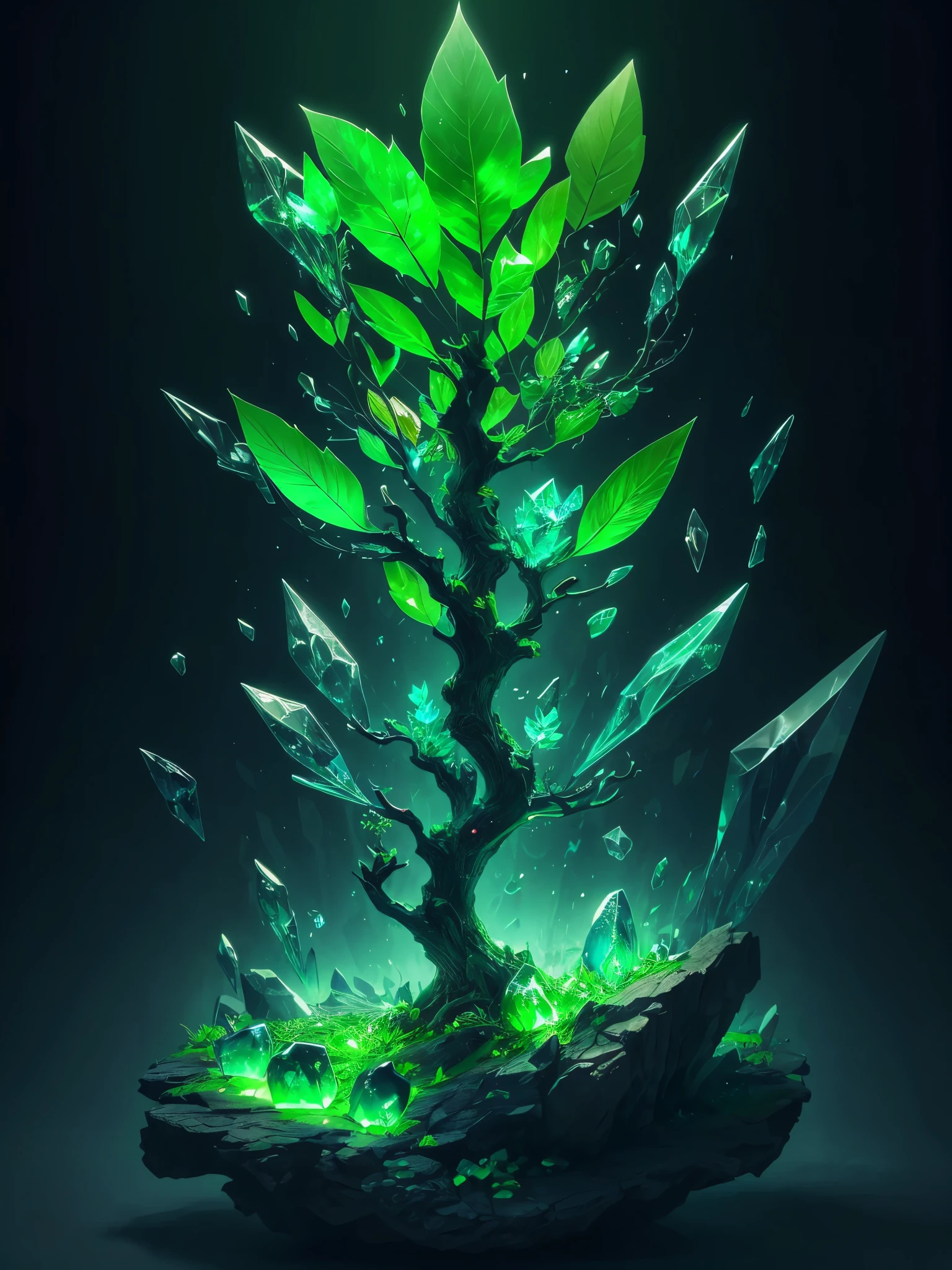 a green glowing tree with a leaf shaped like a tree, concept art by Stefan Lochner, trending on cgsociety, conceptual art, green crystal, glowing green crystals, full of glass. cgsociety, green aura, glowing green, elemental guardian of life, intricate a whole fantasy leaf, 🌺 cgsociety, emerald artifacts, trendin on artstation, rendered art