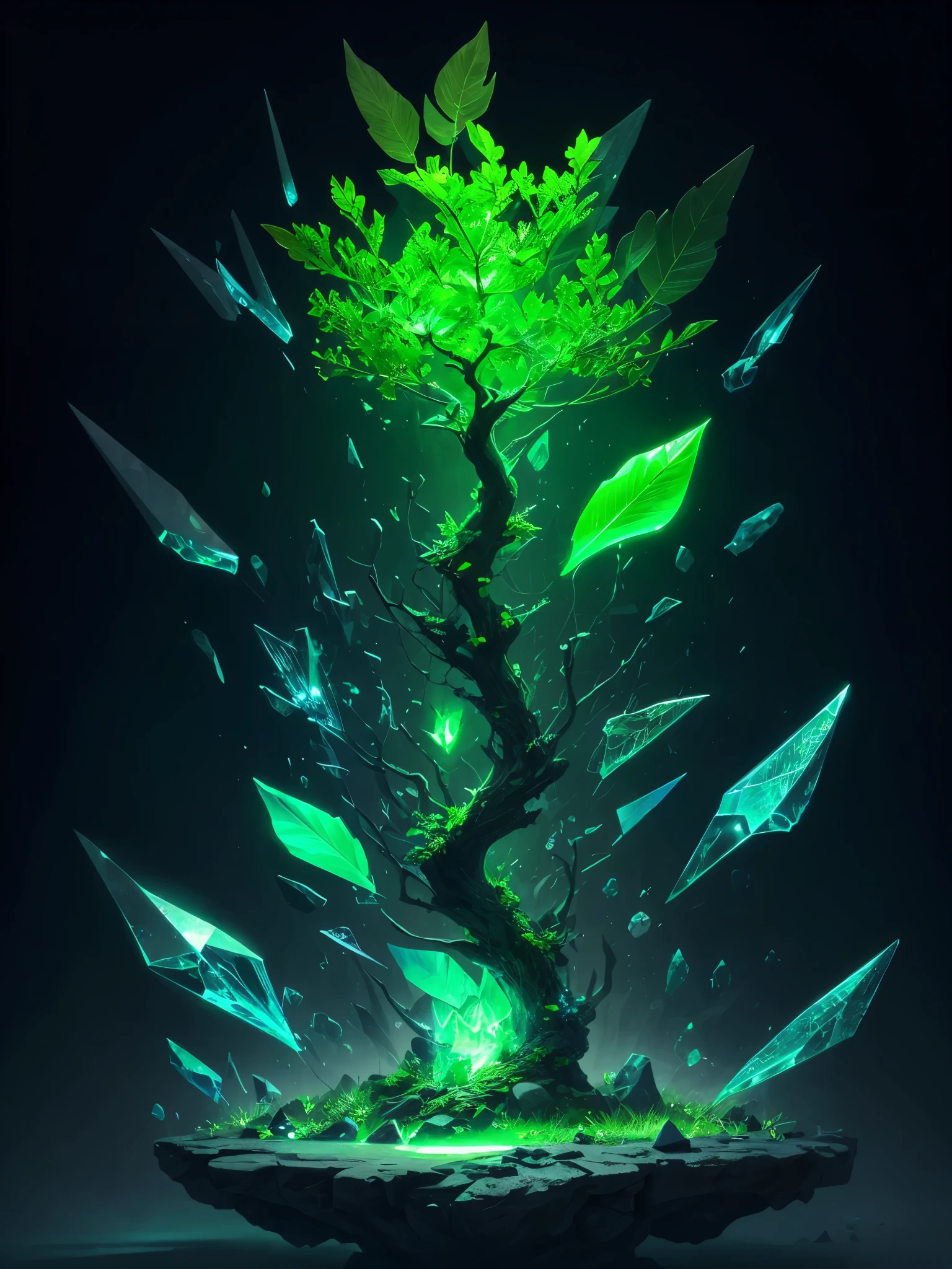 a green glowing tree with a leaf shaped like a tree, concept art by Stefan Lochner, trending on cgsociety, conceptual art, green crystal, glowing green crystals, full of glass. cgsociety, green aura, glowing green, elemental guardian of life, intricate a whole fantasy leaf, 🌺 cgsociety, emerald artifacts, trendin on artstation, rendered art