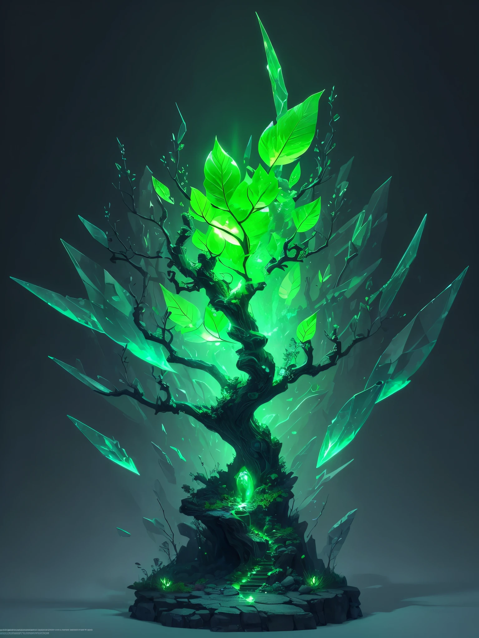 a green glowing tree with a leaf shaped like a tree, concept art by Stefan Lochner, trending on cgsociety, conceptual art, green crystal, glowing green crystals, full of glass. cgsociety, green aura, glowing green, elemental guardian of life, intricate a whole fantasy leaf, 🌺 cgsociety, emerald artifacts, trendin on artstation, rendered art