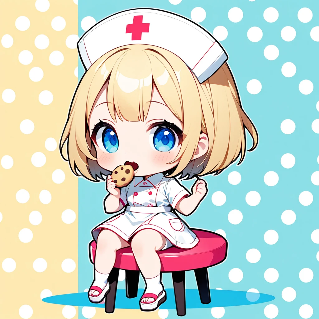 ultra-small deformation, Chibi Cute, 1girl, solo, full body, nurse, nurse cap, white nurse wear, ((white surgical mask, covered nose)), white sandals, blonde short hair, blue eyes, she is holding big syringe and hospital drip , running, sweat, speed line, dynamic action, High contrast and vivid color, pop color block pattern background