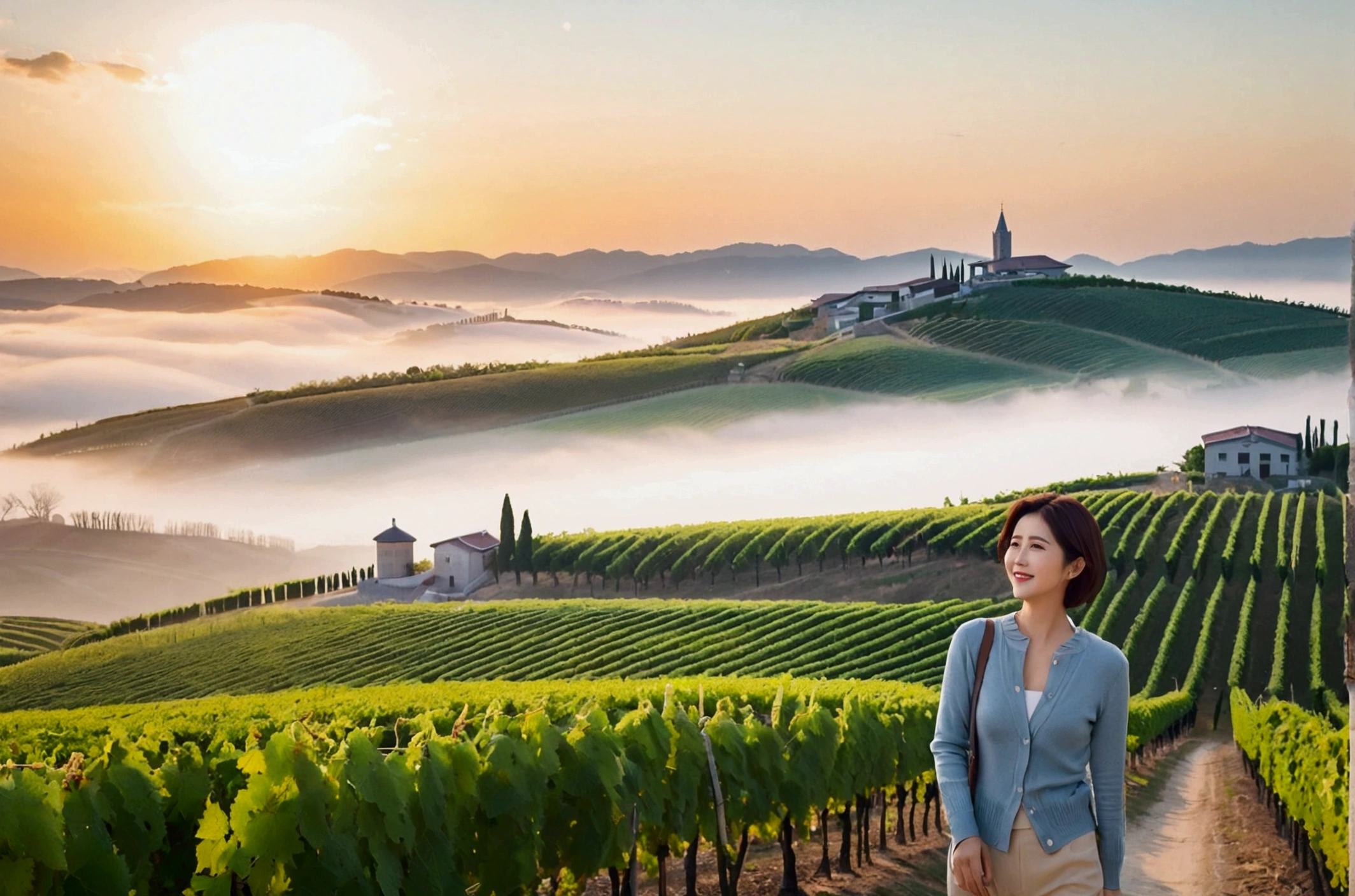 high quality, In 8K, 32K, Photo of a beautiful 36-year-old Korean woman, short medium hair, Inspired by Son Ye-jin, whole body, face focus, Shirt that goes up to the neck and a short cardigan from a luxury brand, beige casual pants, Italian countryside vineyard background, Ranged、make a happy face, 새벽 진한 한개속 The cathedral is visible in the distance, There is thick fog, path, looking up the side, Wear a shirt that covers your chest, The cathedral is visible in the distance, Photo of endless vineyard scenery, look up the side. thick dawn fog, Well-groomed hair, Photo of an elegant and modest woman, Endless vineyards, Vivid picture quality, Clear picture quality, 언덕 위 path, 1 woman, colonnade가 있는 휘어진 path 언덕에서 바라본다. colonnade, The waist area is visible. 휘어진 path에 서있다, colonnade가 있는 어덕길에 서있다, Looking down on the vineyard from the hill, The cathedral is visible in the distance,, 휘어진 path, White shirt and short Myeongmum brand cardigan, three-dimensional shape of grape leaves, wide angle lens shot, Express your fingers carefully, Express your fingers accurately, Put your hands in your pockets, three-dimensional grape leaves