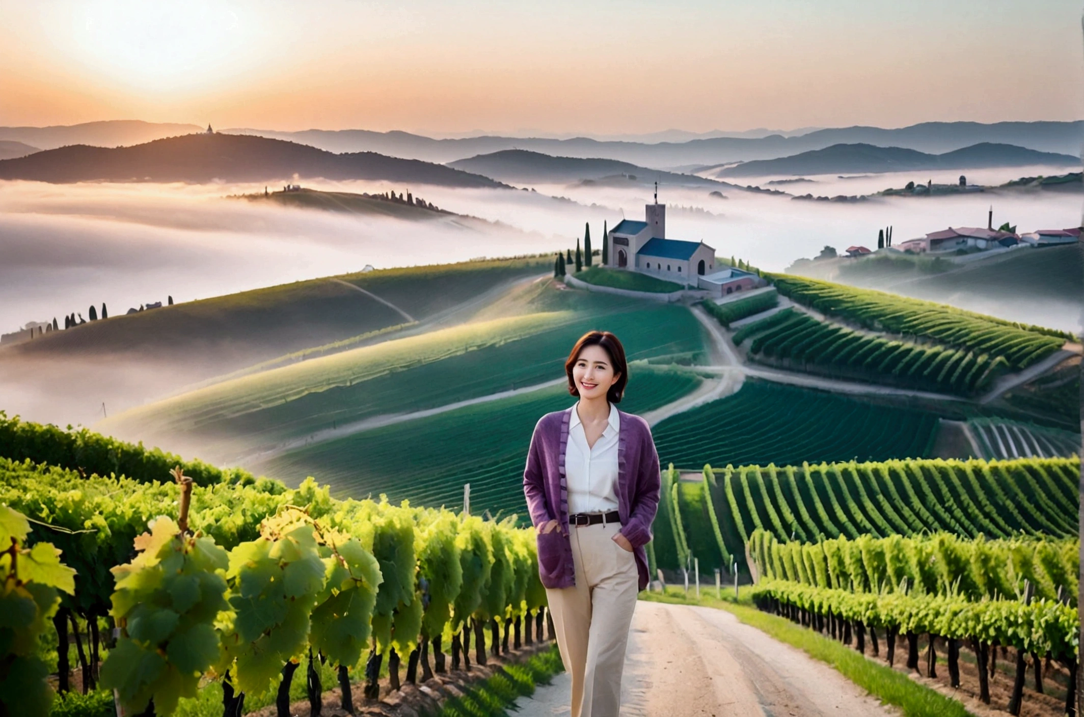 high quality, In 8K, 32K, Photo of a beautiful 36-year-old Korean woman, short medium hair, Inspired by Son Ye-jin, whole body, face focus, Shirt that goes up to the neck and a short cardigan from a luxury brand, beige casual pants, Italian countryside vineyard background, Ranged、make a happy face, 새벽 진한 한개속 The cathedral is visible in the distance, There is thick fog, path, looking up the side, Wear a shirt that covers your chest, The cathedral is visible in the distance, Photo of endless vineyard scenery, look up the side. thick dawn fog, Well-groomed hair, Photo of an elegant and modest woman, Endless vineyards, Vivid picture quality, Clear picture quality, 언덕 위 path, 1 woman, colonnade가 있는 휘어진 path 언덕에서 바라본다. colonnade, The waist area is visible. 휘어진 path에 서있다, colonnade가 있는 어덕길에 서있다, Looking down on the vineyard from the hill, The cathedral is visible in the distance,, 휘어진 path, White shirt and short Myeongmum brand cardigan, three-dimensional shape of grape leaves, wide angle lens shot, Express your fingers carefully, Express your fingers accurately, Put your hands in your pockets, three-dimensional grape leaves