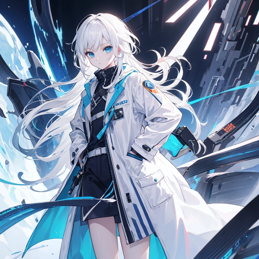 (masterpiece,Highest quality,Anime Style,Ray Tracing,CG rendering),White Hair,長いWhite Hair,Hair Straightening,Blue Eyes,blue and white trench coat,Futuristic design,Clothing of the future,Solo,Cowboy Shot、Hands in pockets