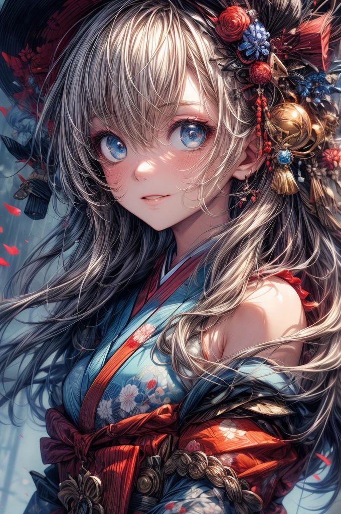 (Tabletop.Highest quality).(Dynamic Angle). (Amazingly detailed CG paintings),(Perfect image)、Comic Strip.shape.One Girl.Detailed face、Perfect Face.Delicate face、Textured skin、Black Hair,Very long straight hair,((Beautiful Blue Eyes)).Delicate and beautiful eyes、The eyes are detailed、Reflective eyes、Watery eye、smile.(Gazing at the audience:1.3).(My face got a little red:0.8)、8k wallpaper、(((Cowboy Shot)))、reflected light、Attention to detail、Complex、Delicate background、Textured skin、Detailed skin、Japanese Kimono((Colorful twelve-layered kimono)),A sad face looking at the moonlit night