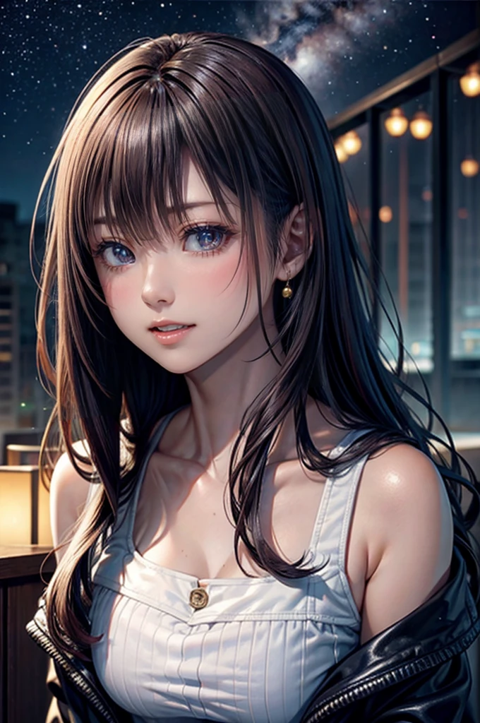 Attention to detail, Super Detail, Ultra-high resolution, A girl having a good time in a dream galaxy, Surrounded by stars, The warm light that shines on her, The background is a starry sky with colorful galaxies and galactic clouds, The stars fly around her, Delicate face, Add a playful touch , --v6