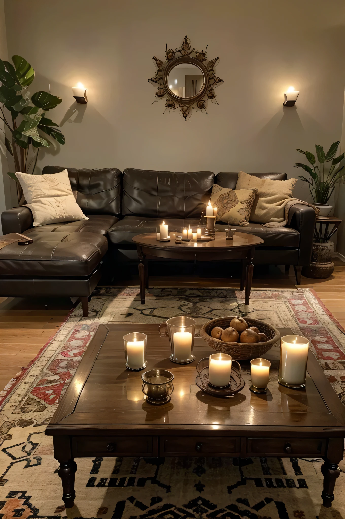 A living room with an assortment of candles in boho-style holders arranged on a coffee table.
