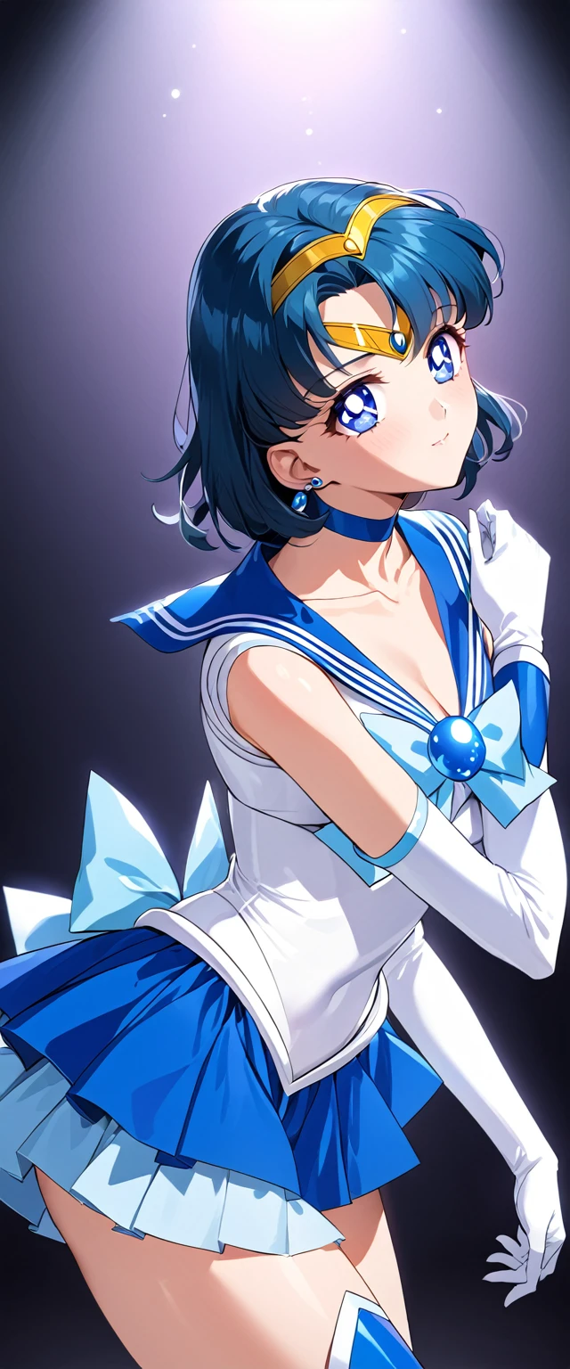 (Perfect Anatomy)、Mastepiece、Ultra High Quality、 8k、masterpiece、Highest quality、Ultra-high resolution、Maximum resolution、Very detailed、Professional Lighting、anime、woman、thin、Very beautiful face、Very beautiful eyes、(Highly detailed eye)、Highly detailed face、Sailor Mercury、tiara、Sailor Warrior Uniform、Blue Skirt、Blue sailor collar、Knee Boots、choker、White gloves、blue choker、jewelry、Earrings、Pleated skirt, gloves