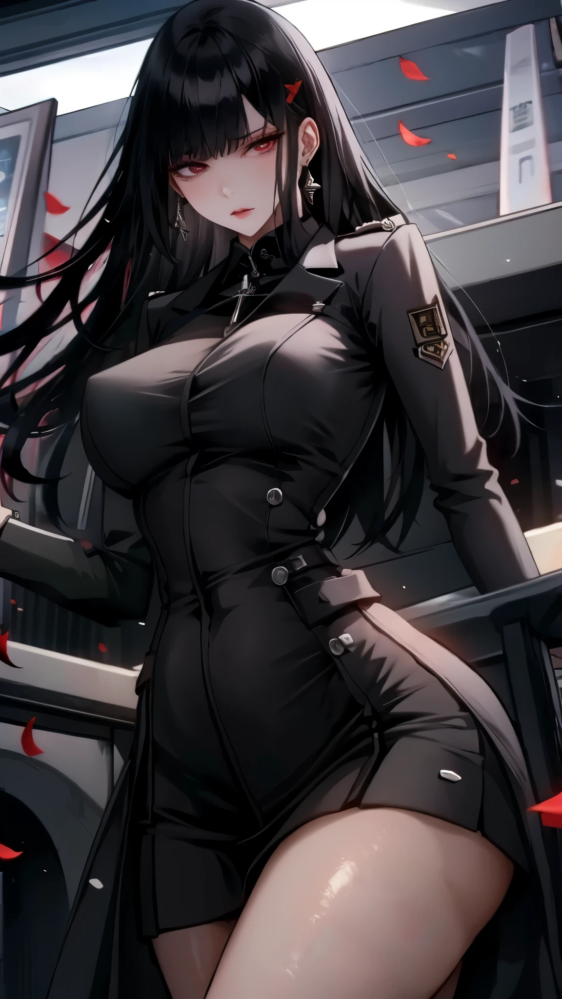 Lin Wei, a beautiful human-hybrid with striking red eyes and long black hair, stands confidently. She looks directly at the camera with a determined and intelligent gaze. Her military uniform fits perfectly, highlighting her strong yet feminine physique. Her presence exudes strength, grace, and leadership. The background suggests a futuristic starship setting, adding to her commanding and powerful aura.
