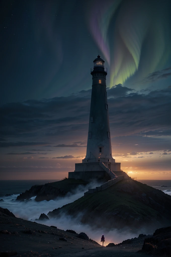 A lighthouse with a bright blue and violet aurora light above it on a cliff, Max Rive, fantasy art by Jessica Rossier, Marc Adamus, Lt. Alexander Kucharsky, beautiful digital artwork, magical colors and atmosphere, amazing wallpaper, beautiful wallpaper, magnificent background, Conceptual art, awesome atmosphere, Lt. Jessica Rossier, beautiful and aesthetic, dream matte painting, incredibly epic images, watercolor