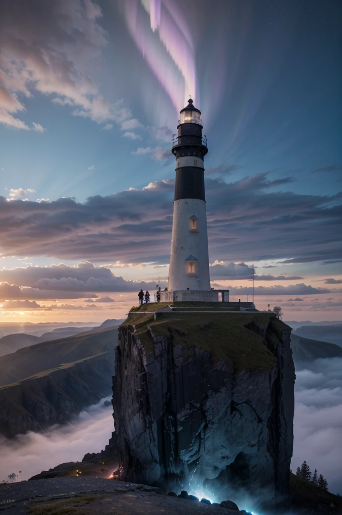 A lighthouse with a bright blue and violet aurora light above it on a cliff, Max Rive, fantasy art by Jessica Rossier, Marc Adamus, Lt. Alexander Kucharsky, beautiful digital artwork, magical colors and atmosphere, amazing wallpaper, beautiful wallpaper, magnificent background, Conceptual art, awesome atmosphere, Lt. Jessica Rossier, beautiful and aesthetic, dream matte painting, incredibly epic images, watercolor