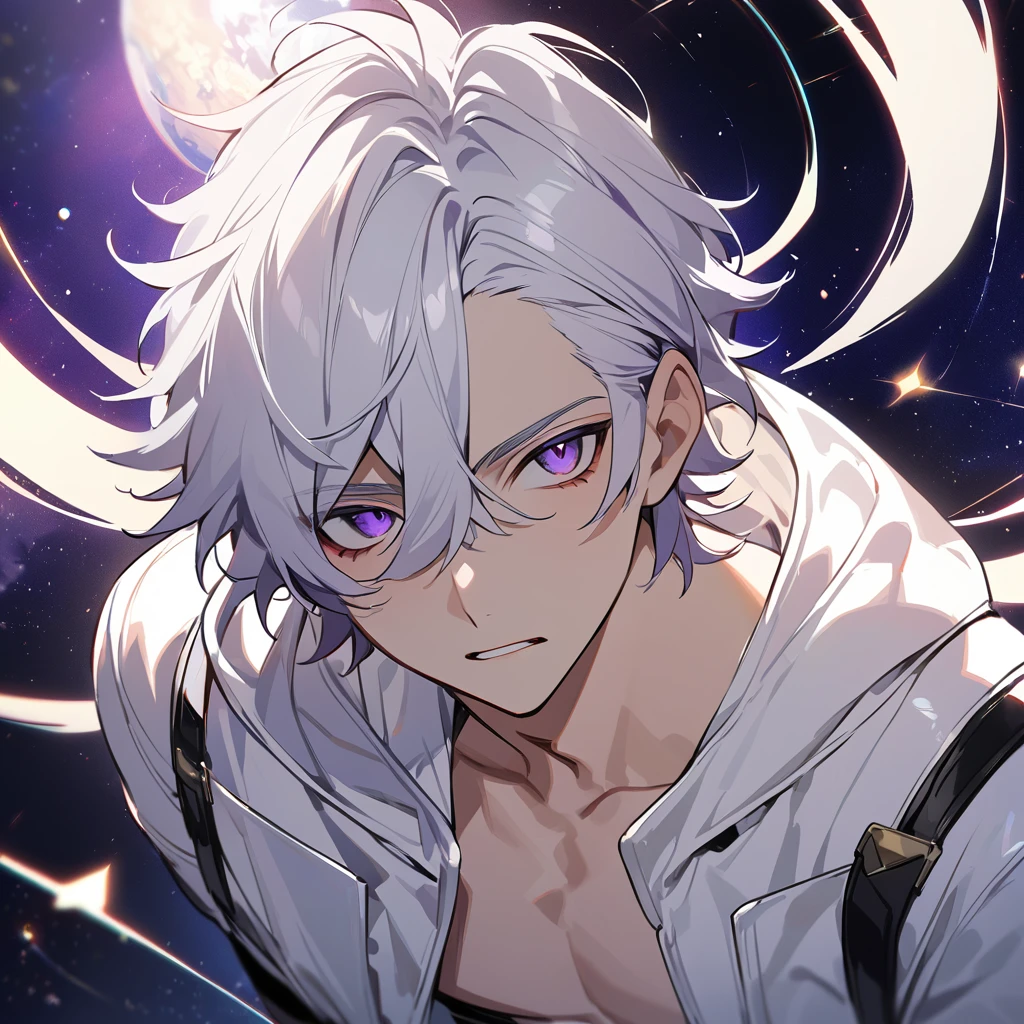 High quality, HD, 4k, no shadows, handsome male, 1male, 17 years old, teenager, golden lining, short white hair, sharp eyes, dark purple eyes, deep purple eyes, devil may cry, close up, calm expression, stoic expression, black leather clothes, white leather clothing, lean body, well trained body, upper body, looking at viewer, cowboy shot, white solar, space background