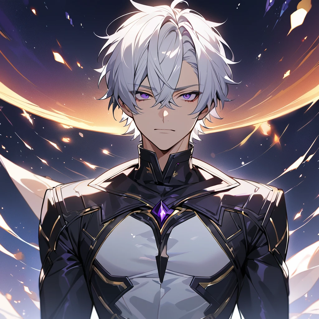 High quality, HD, 4k, no shadows, handsome male, 1male, 17 years old, teenager, golden lining, short white hair, sharp eyes, dark purple eyes, deep purple eyes, devil may cry, close up, calm expression, stoic expression, black leather clothes, white leather clothing, lean body, well trained body, upper body, looking at viewer, cowboy shot, white solar, space background