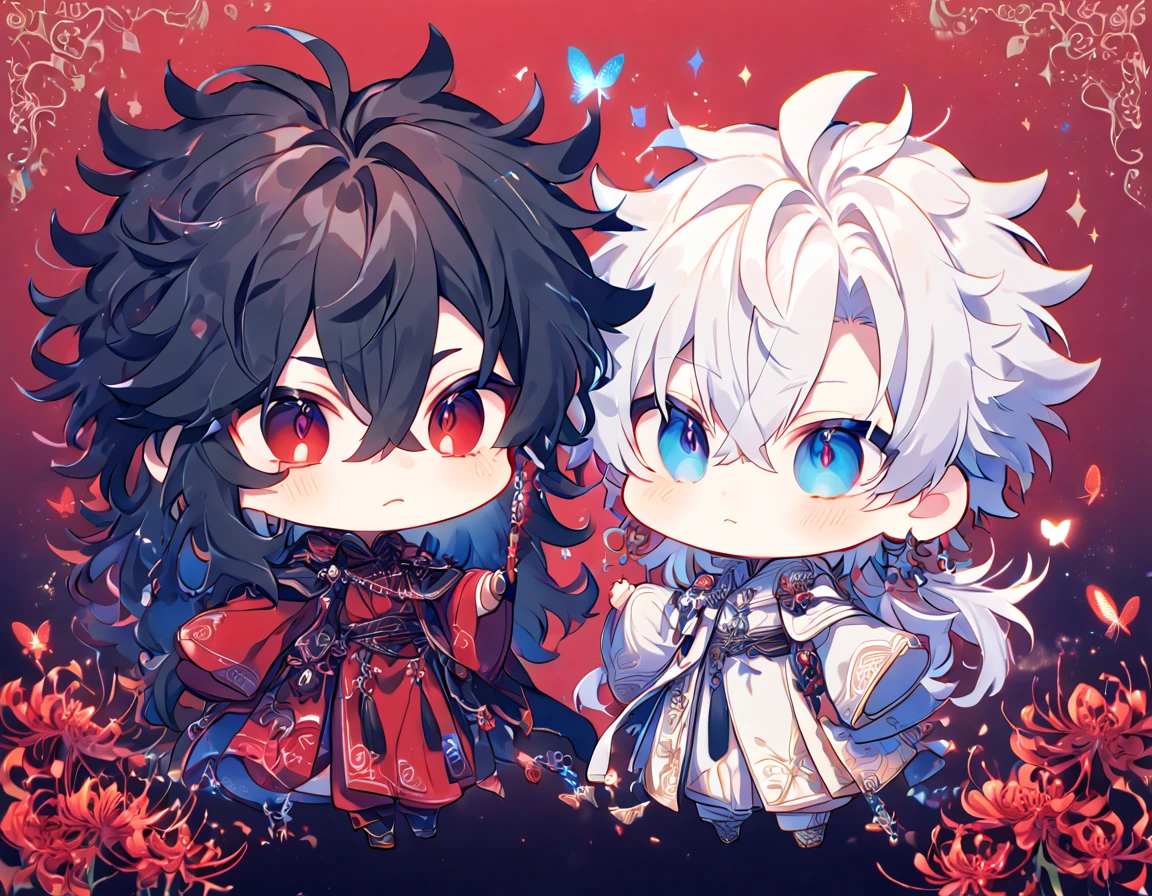 absurdres, highres, ultra detailed, HDR, master piece, best quality, extremely detailed face, delicated features, Xue Yu chibi, untamed spiky hair, black hair, long hair, hair between the eyes, expressive red eyes, Thousand Years War, Gojou Satoru chibi, white hair, messy hair, expressive blue eyes, two boys together, gay couple, yaoi, cute, black cape, red robes, white robes, accessories, patterns, red sky, red butterflies, red spider lilies, fantasy, magical, radiant