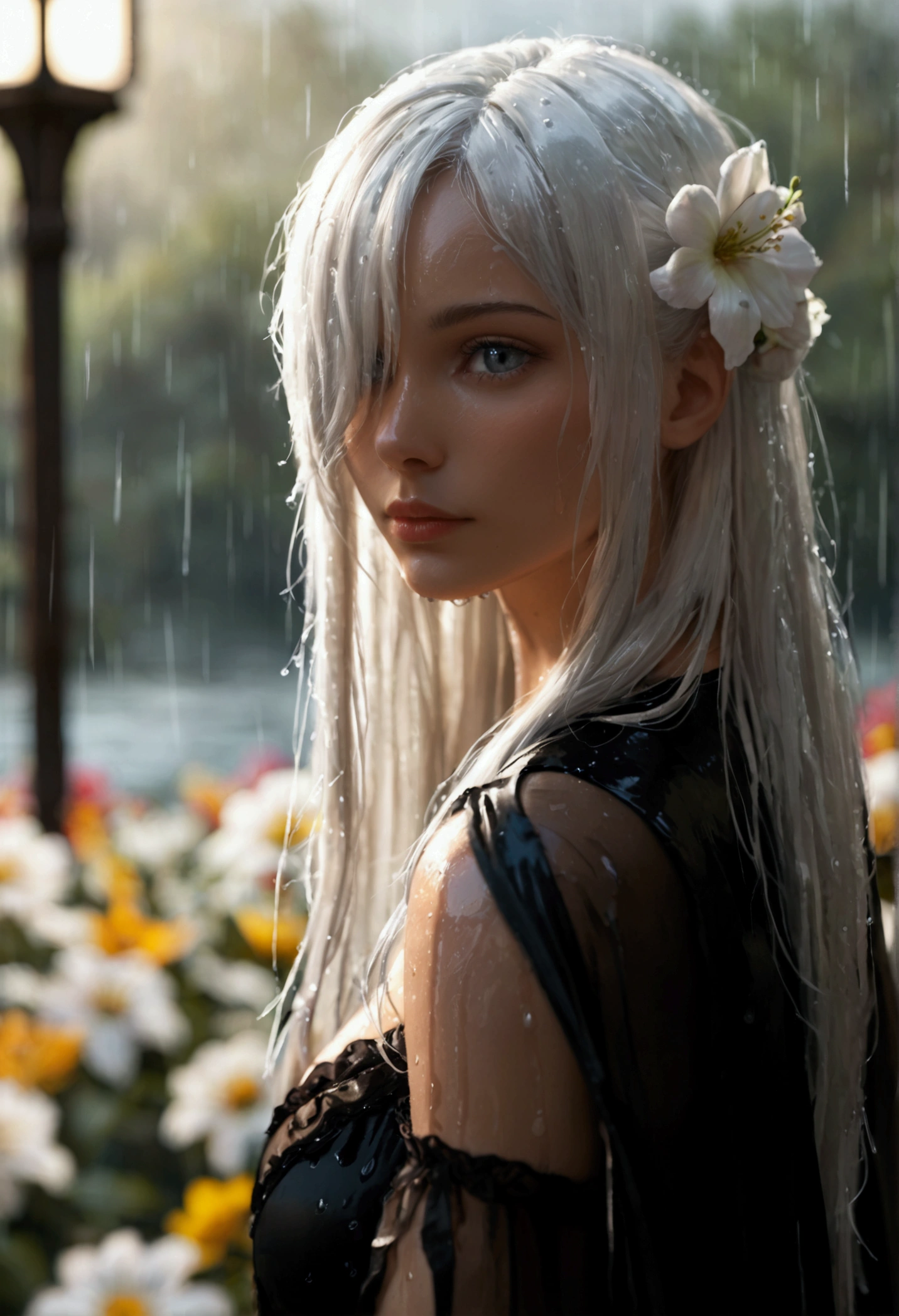 1 Girl,Solitary,1 Girl,Solitary,((Beautiful and delicate eyes)), (Detailed lighting),Depth of Field,(White hair),Silver Eyes,Hair covering one eye,(safflower ), Flowering,Long hair,Black cape,wet,callous,look back,night,Starfall,rain,FOG,safflowers falling,sketch,Upper Body,Strong shadows,