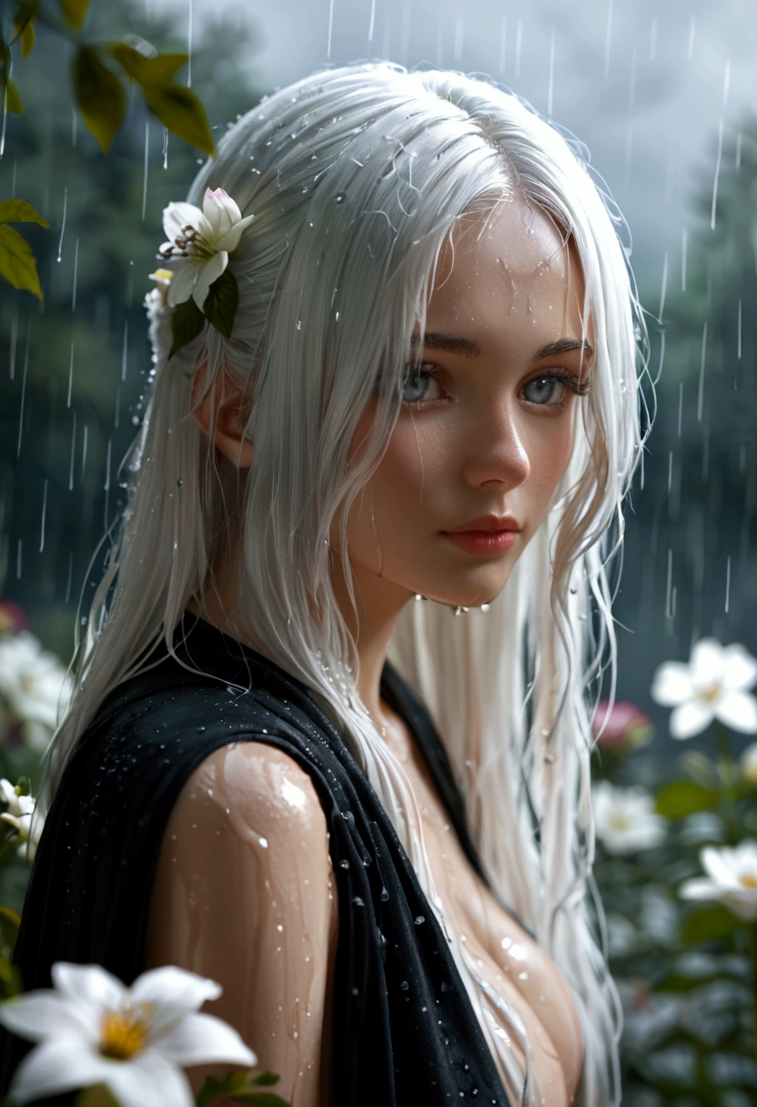 1 Girl,Solitary,1 Girl,Solitary,((Beautiful and delicate eyes)), (Detailed lighting),Depth of Field,(White hair),Silver Eyes,Hair covering one eye,(safflower ), Flowering,Long hair,Black cape,wet,callous,look back,night,Starfall,rain,FOG,safflowers falling,sketch,Upper Body,Strong shadows,