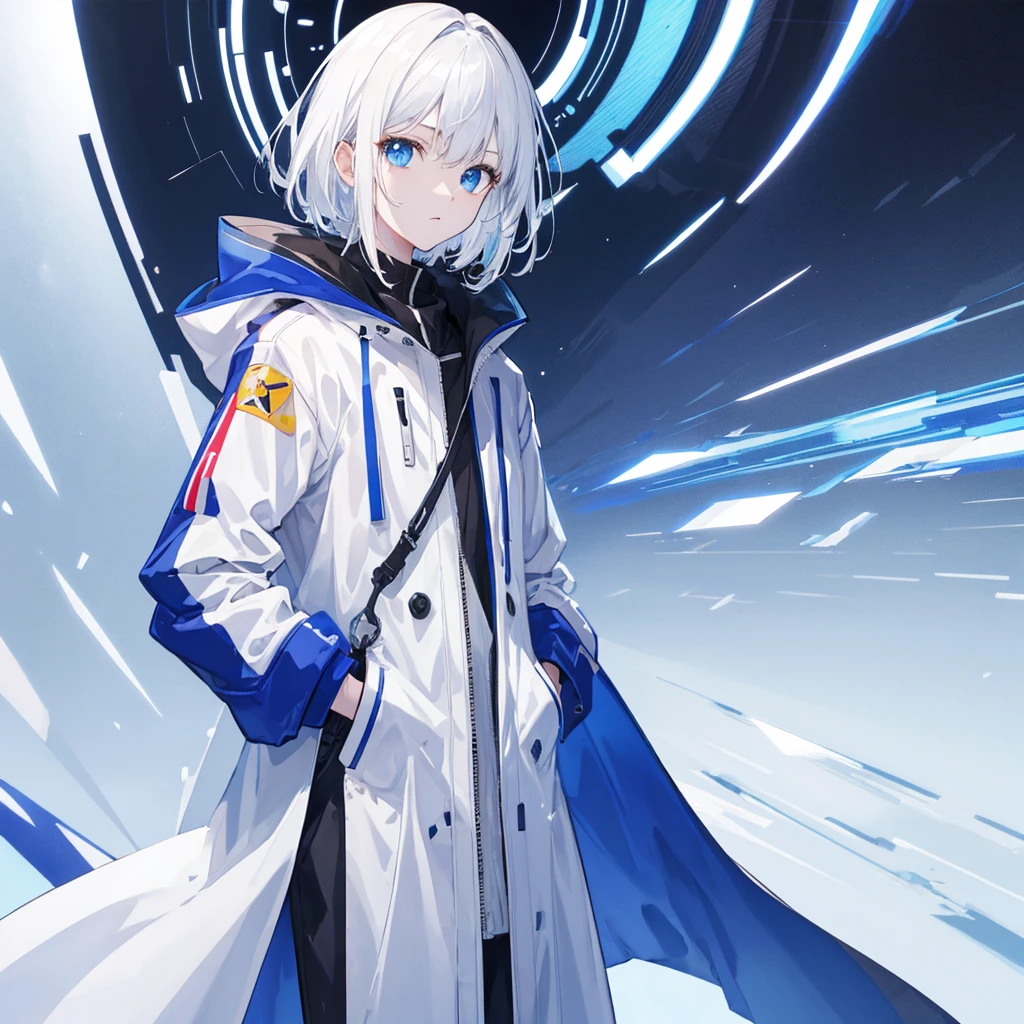 (masterpiece,Highest quality,Anime Style,Ray Tracing,CG rendering),White Hair,長いWhite Hair,Hair Straightening,Blue Eyes,blue and white trench coat,Futuristic design,Clothing of the future,Solo,Cowboy Shot、Hands in pockets