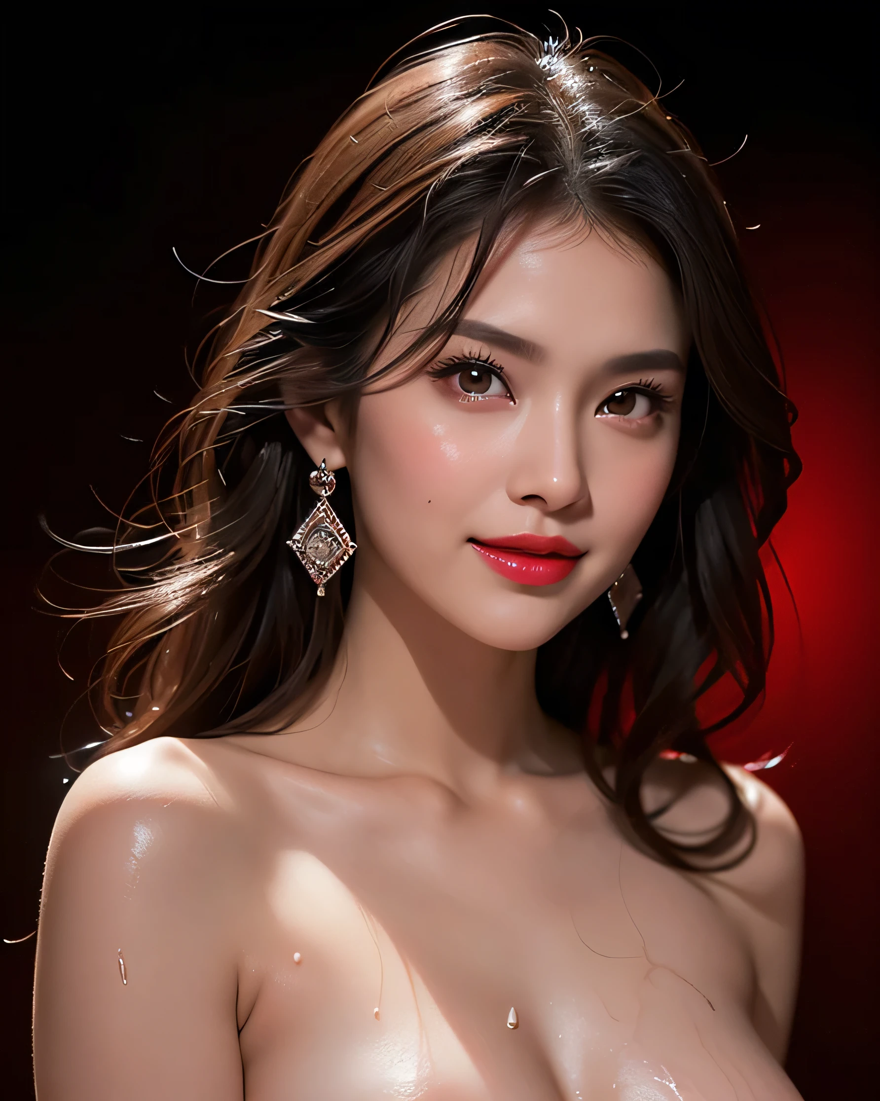 Ultra HD resolution,artistic photos,Professional erotic Photography,Dark red LED Background ((21 year very sexy nude girl drenched in loads of semen, medium breasts:1.1, earrings, long brunette messy hair, cold ultra realistic damp skin, fully drenched in loads of semen, semen on face and breasts)), posing like a super-model, at a restaurant in Las Vegas, raining, smiling at viewer, natural red lips, attention to detail