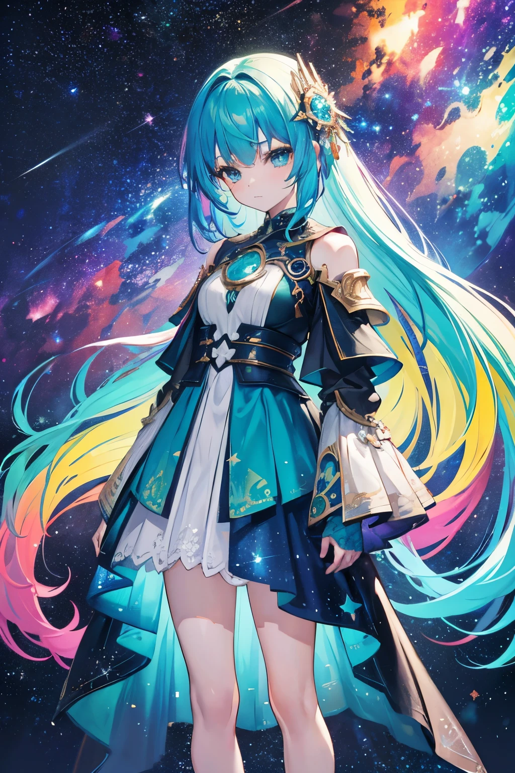 Magical girl with blue hair and indigo eyes, with her hair in a medium ponytail