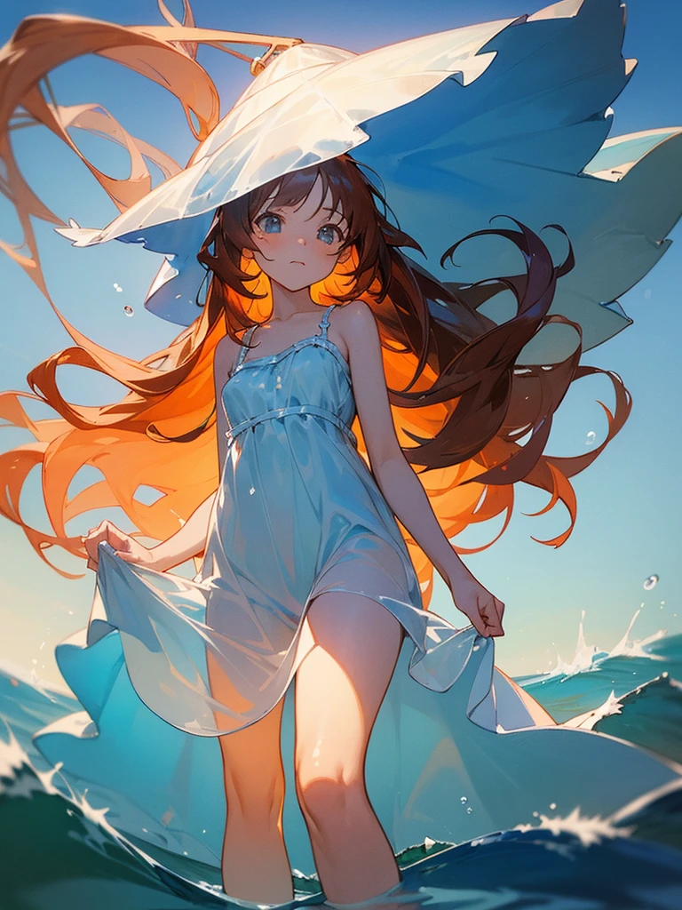 Wendy Marvell, (masterpiece, best quality), ((1girl, solo, long hair)), Ishmael_limbus, innocence expression, bare arms, bare shoulders, bare neck, watercolor, sundress, liquid clothes, water, waves, water dress, blue_theme, night, mist, dark, sharp focus, sea, see-through dress, orange hair