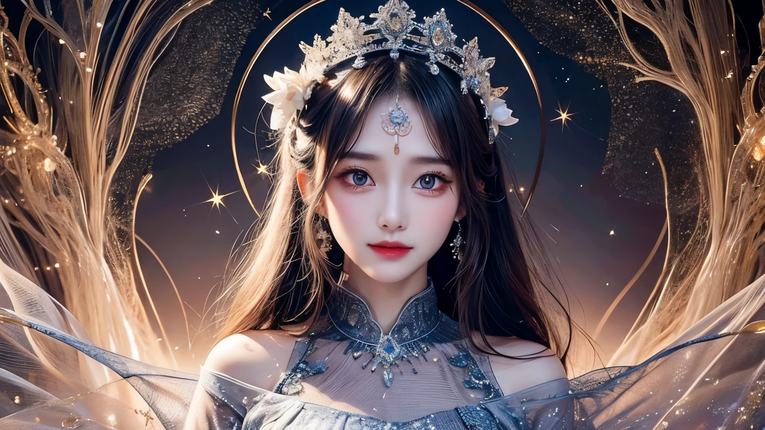 In a night starry sky universe background, a mystical aura envelops the enigmatic subject in a beautiful girl minimalist artwork, a single-lined masterpiece. The serene figure stands adorned in intricate threads shimmering like starlight, surrounded by a subtle magic influx swirling around her like wispy tendrils. Radiating an aura of mystique and wonder, she seems to infuse the air with an otherworldly essence, as if her captivating presence has awakened the magic within the scene. 8k Ultra HD,masterpiece,intricate details,delicate facial features,extremely detailed eyes,dynamic pose,Mizuki_Lin