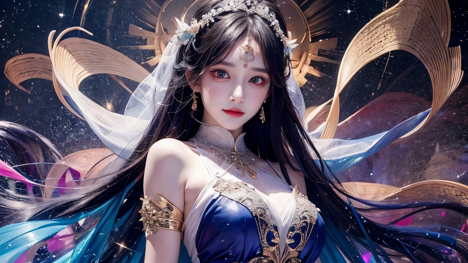In a night starry sky universe background, a mystical aura envelops the enigmatic subject in a beautiful girl minimalist artwork, a single-lined masterpiece. The serene figure stands adorned in intricate threads shimmering like starlight, surrounded by a subtle magic influx swirling around her like wispy tendrils. Radiating an aura of mystique and wonder, she seems to infuse the air with an otherworldly essence, as if her captivating presence has awakened the magic within the scene. 8k Ultra HD,masterpiece,intricate details,delicate facial features,extremely detailed eyes,dynamic pose,Mizuki_Lin