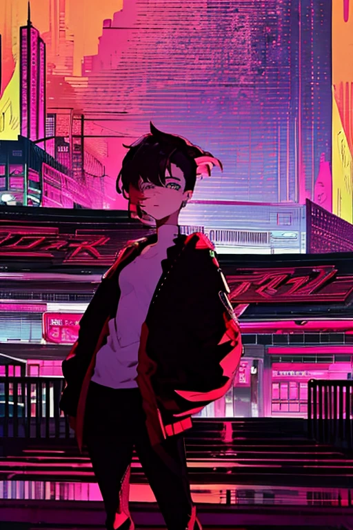 Better Quality, 4K Wallpaper, first work, Highly detailed CG uniform wallpaper 8k, Highly detailed eyes, Ultra-detailed, Intricate details, One girl, Retro art style, Neon Art Style_pop, public, Outdoor, road signs, city,Hair Gradient, Black Hair, short hair, Scarlet Red Iris, Zakartisco's smile, Put your hands in your pockets, Black Pants, Red jacket with black details, city faroeste,Hair Undercut, Hair is low on the sides、The top is high,(estilo de Hair Undercut)
