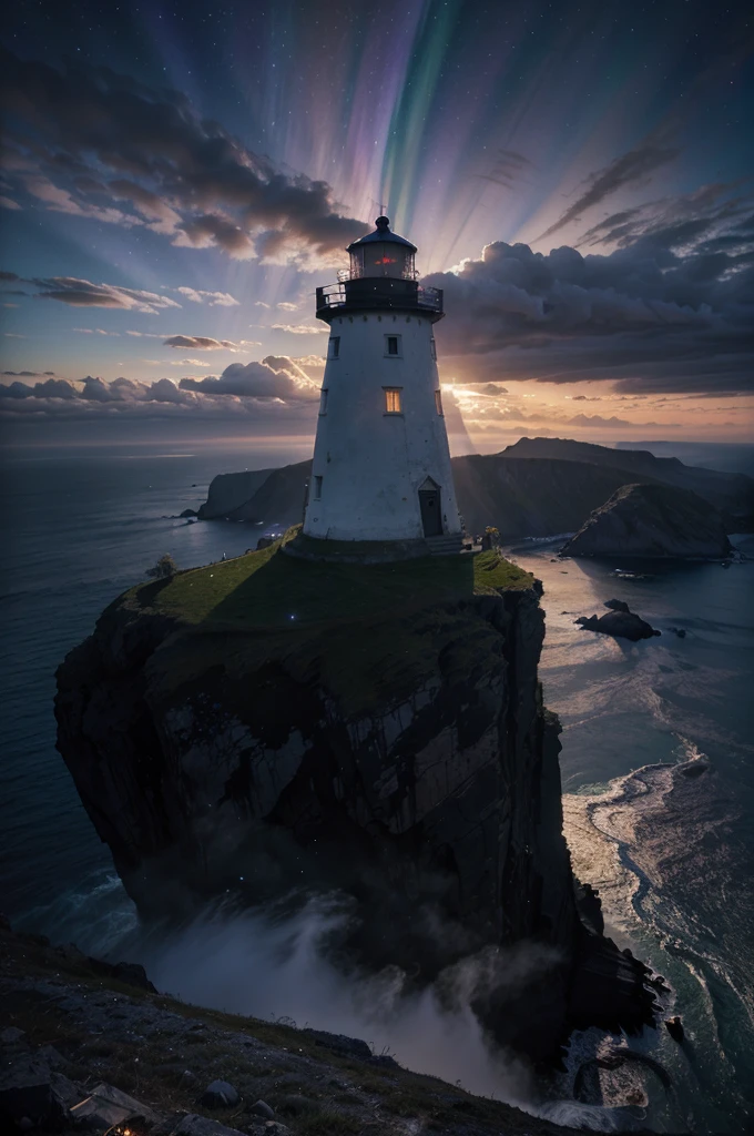 Midnight with a lighthouse with a bright blue and purple aurora light above it on a cliff, Max Rive, fantasy art by Jessica Rossier, Marc Adamus, Lt. Alexander Kucharsky, beautiful digital artwork, magical colors and atmosphere, amazing wallpaper, beautiful wallpaper, magnificent background, Conceptual art, awesome atmosphere, Lt. Jessica Rossier, beautiful and aesthetic, dream matte painting, incredibly epic images, watercolor