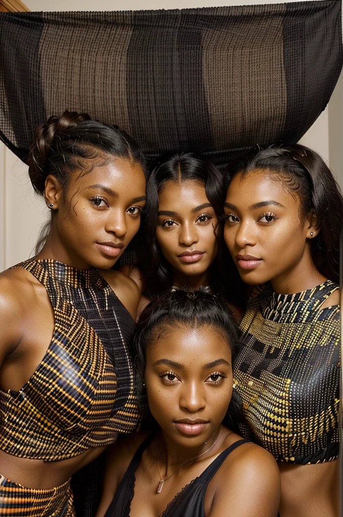 arafed group of women posing for a picture in a bedroom, brown skinned, with brown skin, black teenage girl, black girl, beautiful city black woman only, young women, unbothered, african american, black skin!!!, young black woman, black skin, diverse outfits, chest up bust shot, dark skinned, posing together in bra, hair is the focus