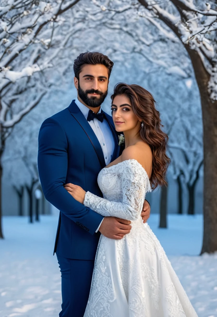 (fullbody photo:2.0) of two spouses: (a 25-year-old iranian woman, brown skin, triangular shaped face, brown eyes, long wavy hair, dark brown hair, busty, wearing a white winter wedding dress), embracing (a 28-year-old iranian man, brown skin, jawline, square jaw, short full beard, brown eyes, short hair, dark brown hair, muscular, fit body, wearing a blue groom suit), in an enchanted snowy garden, winter, (8k, photorealistic, RAW photo, best quality:1.4),