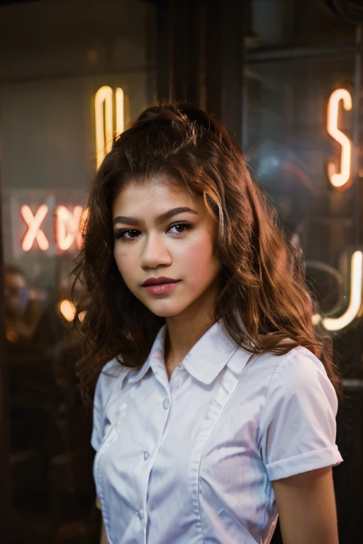 a close up photo, portrait, zendaya, 1girl, waitress uniform, neon lights, vintage, diner