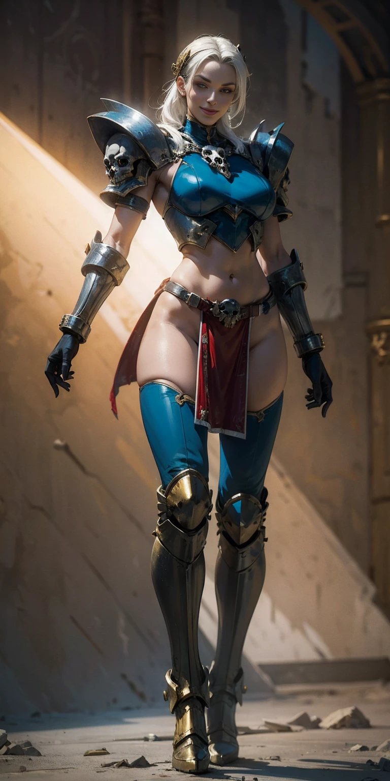 (masterpiece, best quality, 4k, 1solosqueleton with skull head and golden armor, smile, plain background:1.2) perfect face, perfect lighting, mature with gloves red gauntlets in her hands like Cammy White from Street Fighter, bob white hair, warhammer 40k power armor suit with loincloth, red eyes like rubies, full body GOLDEN armor, view from below, looking to the viewer, arms to the sides empty hands, RED military boots, silver skull ornament attached to crossing 2 belt wide hips, 2 long legs