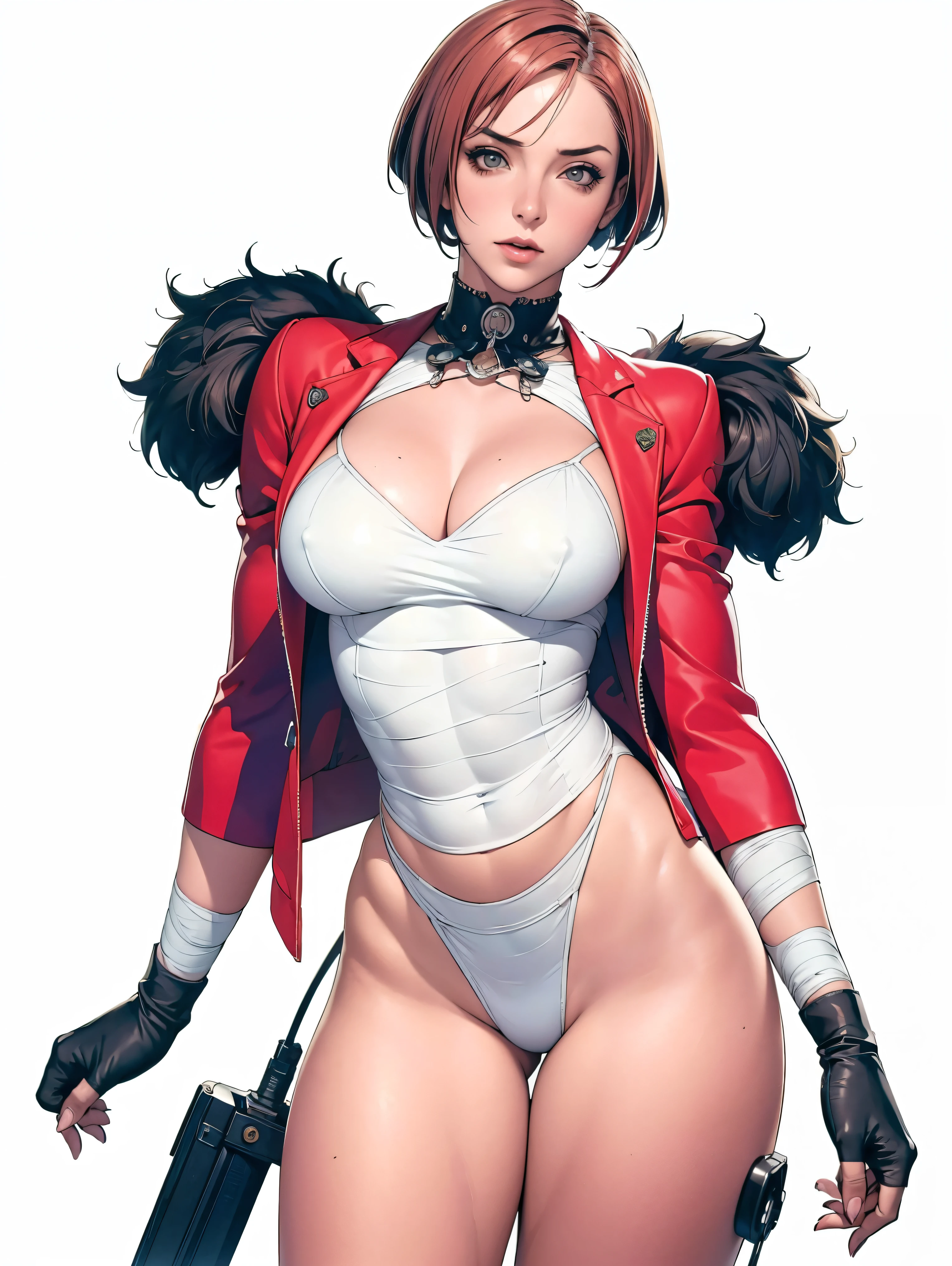 (((Annie Lennox))), (((colorful suit))), (scars), (((bandaged arms))), (((colorful clothes))) (( hood)), (((best qualityer: 1.4))), (Unbeatable masterpiece), (hiper HD),(CG 8k hyper-realistic), brave face, (((breasts big))), (((hyper feminine))), sexly girl, black tattoo,(ultra short red hair with white highlights)), ((( sculptural body ))), (((1 Kizi))), Kizi tatuada de 25 anos com perfectbody,,Beautiful and well-groomed face,muscular body:1.2,solid color detailed jacket, (Head to thigh photos), Complex equipment, copper,Tight clothes,With white stars and off-white stripes,,,,,Armor Metal Electronic Parts, Poison tattoos ) INFO, Kizi, (((standing alone))), pirralha violent, 24歳, sexy, pose de atitude, work of art, post-apocalypse, (((manga style))), bounty hunter, the way you want, perfect body, roupa moderna, advanced technology, Pleated mini skirt with checkered pattern in red and black, fur collar jacket, sleeves with vertical striped pattern, background city, (( cowboy shot )). intricate visual, narrow waist, (((wide hips))), wide hips, fit thighs, (thigh gap), background shows a futuristic airplane