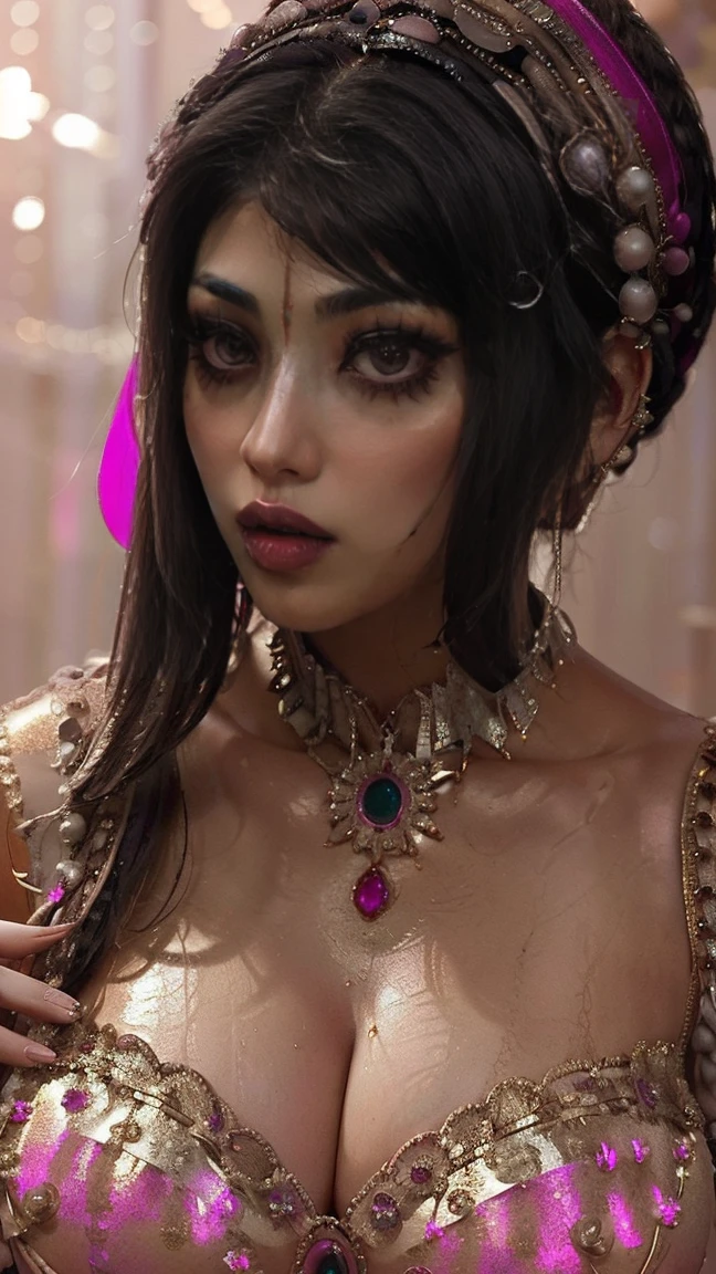 ((Indian milf, indian woman, milf)), (((ultra realistic))) Photo, masterpiece, top quality, (pale skin), (Ultra detailed face and eyes:1.2), 1 girl, Adult, ((in one size too small saree)), strapless saree blouse, ((very heavy eye makeup, pink mascara)), ((fake detailed lips)), ((Pink wavy hair)), ((Stylish hairstyle)) , (({Enormous|Gigantic|Big|Huge|Mega|Fake} pushed-up breasts)), (very slim waist). ((very huge cleavage)), photoshoot, (Soft) Lighting, (The play of light and shadows), depth of field, bokeh, (special attention to skin detail: 1.2), (special attention to enormous breast size: 1.2), (((special attention to extra tight clothing size: 1.2))), Detailed texture, skin pores, oily skin. (Erotic atmosphere of the frame. Color range - purple, Pink, Tons), UDR, ((Film grain)), ((rays)), (Glare), ((upper body body)) , ultra detialed,