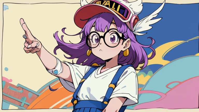 A  Arale（Arale）Character Bust；背景に浮かぶcolorfulな風船。Purple Hair，[Red Hat（The hat has a small feather on it）]，Glasses，White T-shirt，Blue suspenders；Original image；（Characters are adapted to the human anatomy，Body and limb repair，Harmonious body structure）Atmospheric Rendering。colorful，Color Coordination。Lots of details。Illustration Style，japanese manga style，toriyama akira style；Original style；Graphic Arts，Poster Cover。(masterpiece, Highest quality)