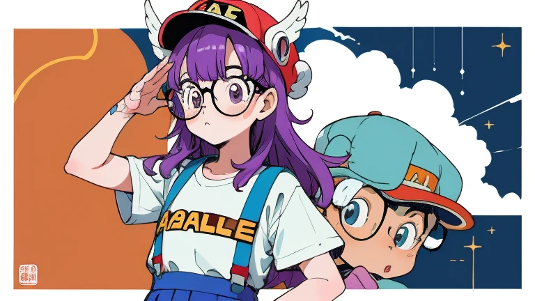 A  Arale（Arale）Character Bust；背景に浮かぶcolorfulな風船。Purple Hair，[Red Hat（The hat has a small feather on it）]，Glasses，White T-shirt，Blue suspenders；Original image；（Characters are adapted to the human anatomy，Body and limb repair，Harmonious body structure）Atmospheric Rendering。colorful，Color Coordination。Lots of details。Illustration Style，japanese manga style，toriyama akira style；Original style；Graphic Arts，Poster Cover。(masterpiece, Highest quality)