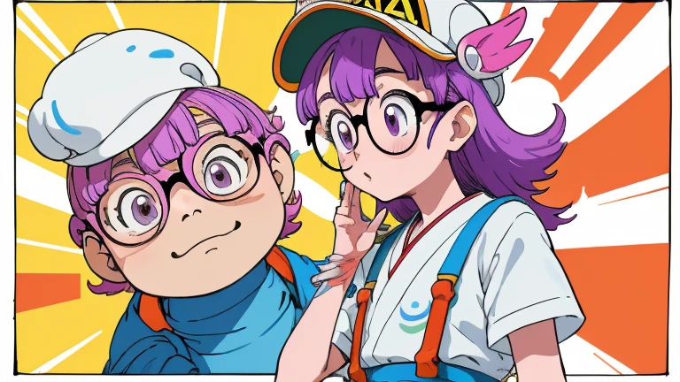 A  Arale（Arale）Character Bust；背景に浮かぶcolorfulな風船。Purple Hair，[Red Hat（The hat has a small feather on it）]，Glasses，White T-shirt，Blue suspenders；Original image；（Characters are adapted to the human anatomy，Body and limb repair，Harmonious body structure）Atmospheric Rendering。colorful，Color Coordination。Lots of details。Illustration Style，japanese manga style，toriyama akira style；Original style；Graphic Arts，Poster Cover。(masterpiece, Highest quality)