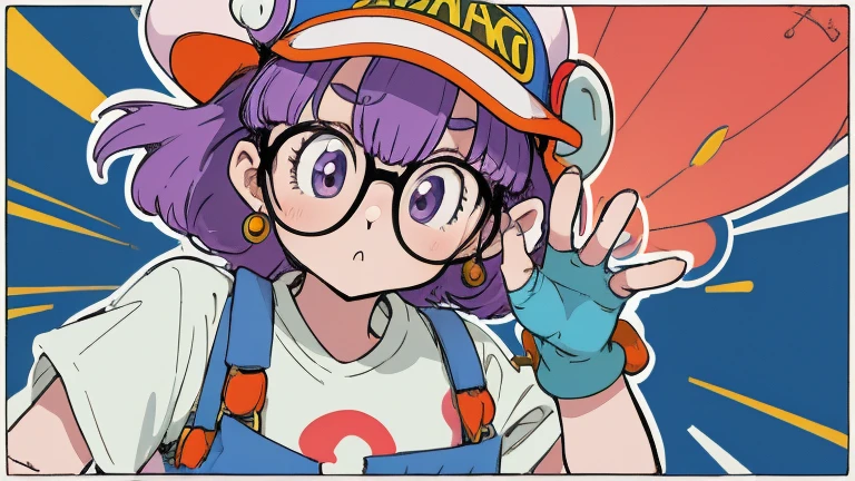 A  Arale（Arale）Character Bust；背景に浮かぶcolorfulな風船。Purple Hair，[Red Hat（The hat has a small feather on it）]，Glasses，White T-shirt，Blue suspenders；Original image；（Characters are adapted to the human anatomy，Body and limb repair，Harmonious body structure）Atmospheric Rendering。colorful，Color Coordination。Lots of details。Illustration Style，japanese manga style，toriyama akira style；Original style；Graphic Arts，Poster Cover。(masterpiece, Highest quality)