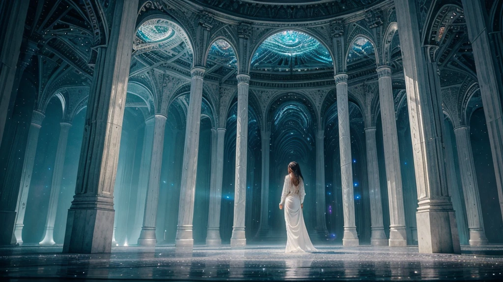 A lone woman, bathed in the ethereal glow of the fifth dimension, stands lightly levitating in the distance in front of an immense, ultra-realistic portal of light and intricate otherworldly landscape. The vast white expanse of this other-dimensional space exudes a sense of peace, tranquility, liberation, and harmony. The woman, appears to be in communion with this hypnotic realm, and her presence adds a touch of fascination and awe to the scene. The highly detailed and luminous environment, filled with intricate structures and flora, further emphasizes the otherworldly beauty of this dimension.