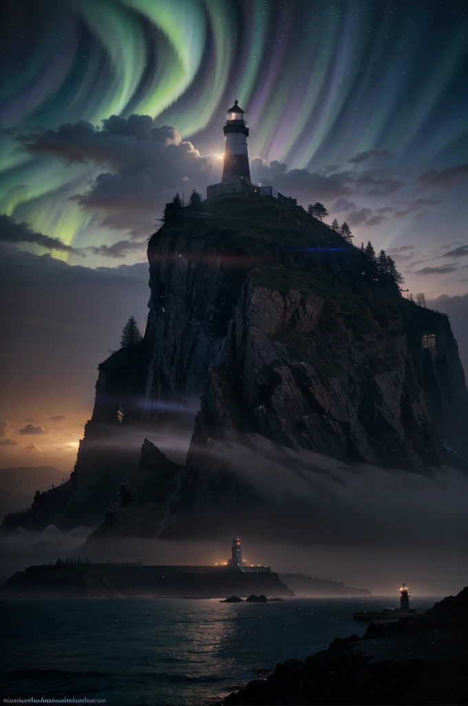 The darkest night a lighthouse with a bright blue and purple aurora light above it on a cliff, Max Rive, fantasy art by Jessica Rossier, Marc Adamus, Lt. Alexander Kucharsky, beautiful digital artwork, magical colors and atmosphere, amazing wallpaper, beautiful wallpaper, magnificent background, Conceptual art, awesome atmosphere, Lt. Jessica Rossier, beautiful and aesthetic, dream matte painting, incredibly epic images, watercolor