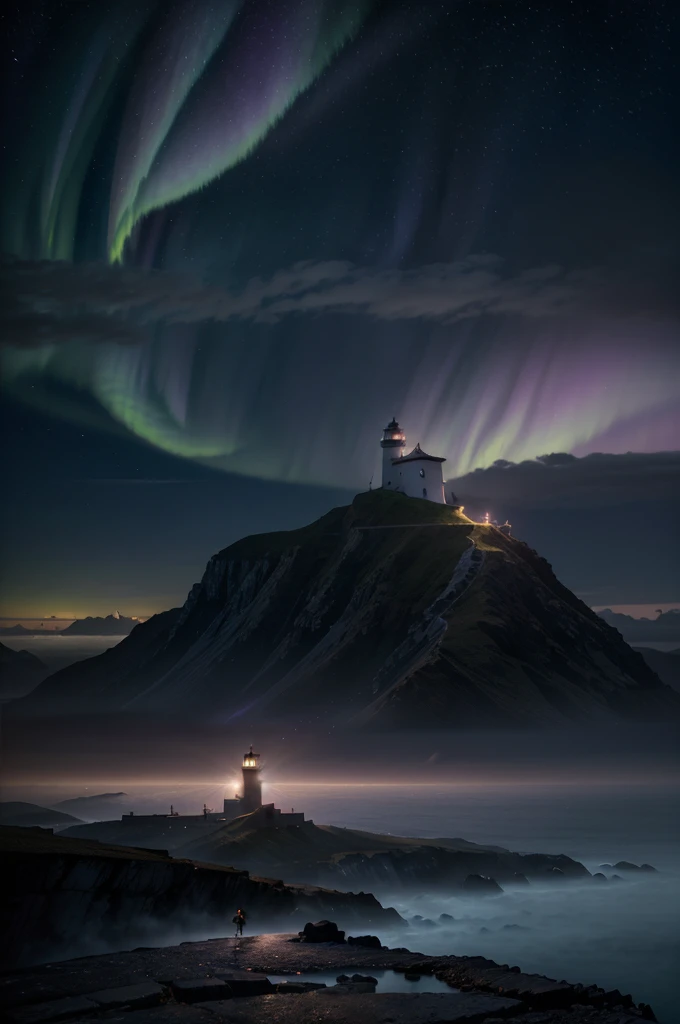 The darkest night a lighthouse with a bright blue and purple aurora light above it on a cliff, Max Rive, fantasy art by Jessica Rossier, Marc Adamus, Lt. Alexander Kucharsky, beautiful digital artwork, magical colors and atmosphere, amazing wallpaper, beautiful wallpaper, magnificent background, Conceptual art, awesome atmosphere, Lt. Jessica Rossier, beautiful and aesthetic, dream matte painting, incredibly epic images, watercolor