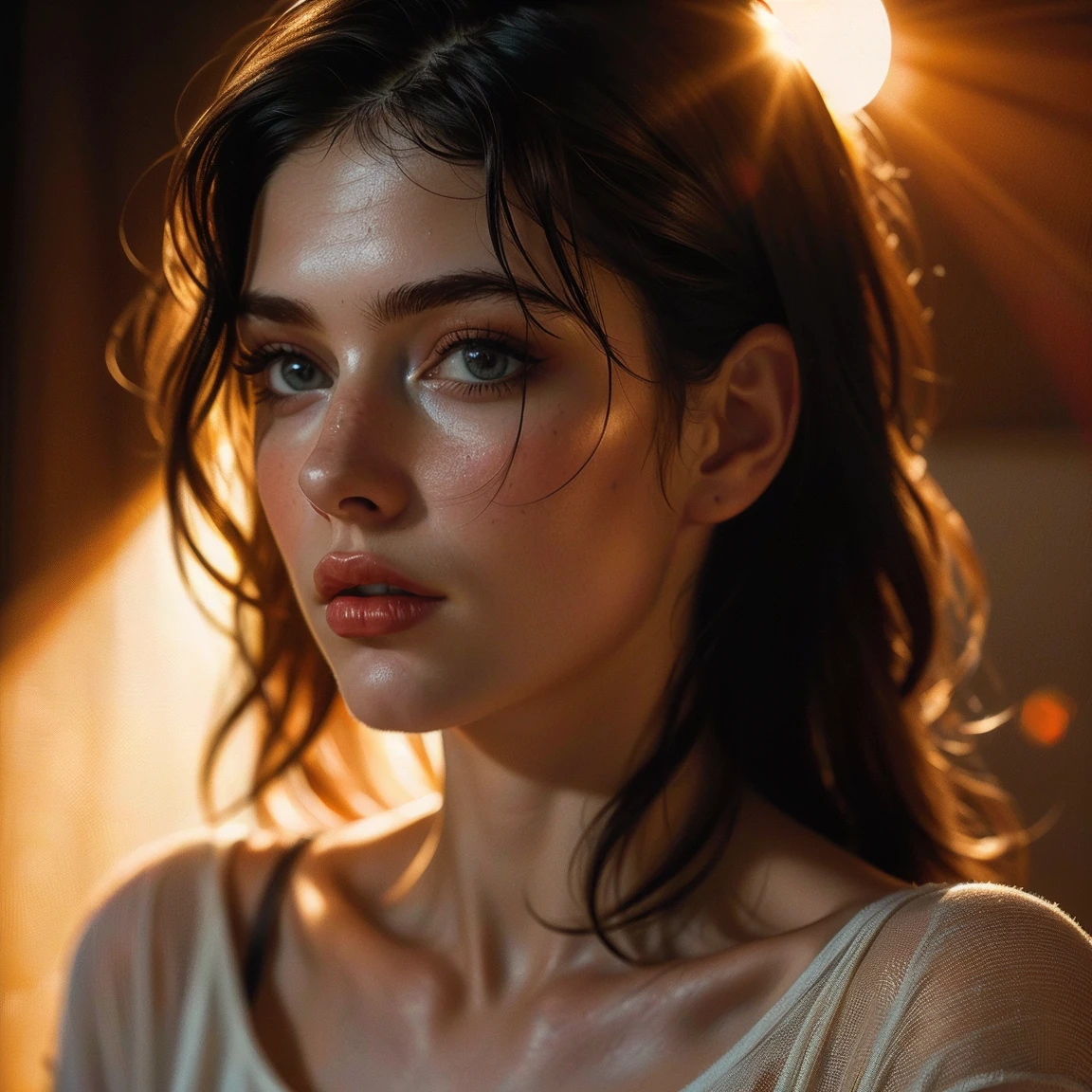 (((ultra realistic))) Photo, masterpiece, top quality, (pale skin), (Ultra detailed face and eyes:1.3), 1 girl in a T-shirt, (Eye makeup, mascara) , ((large detailed lips)), ((Dark hair)), ((Chyolka)) , (Natural breasts). ((Posing)), photoshoot, studio (soft lighting), (The play of light and shadows), depth of field, bokeh, (special attention to skin detail: 1.2), Detailed leather texture, skin pores. (Warm atmosphere of the frame. Color range - black, Red, Yellow tones), ((Film grain)), ((rays)), ((glare from the sun)), ((waist up portrait, close to the camera)) , ultra detialed,