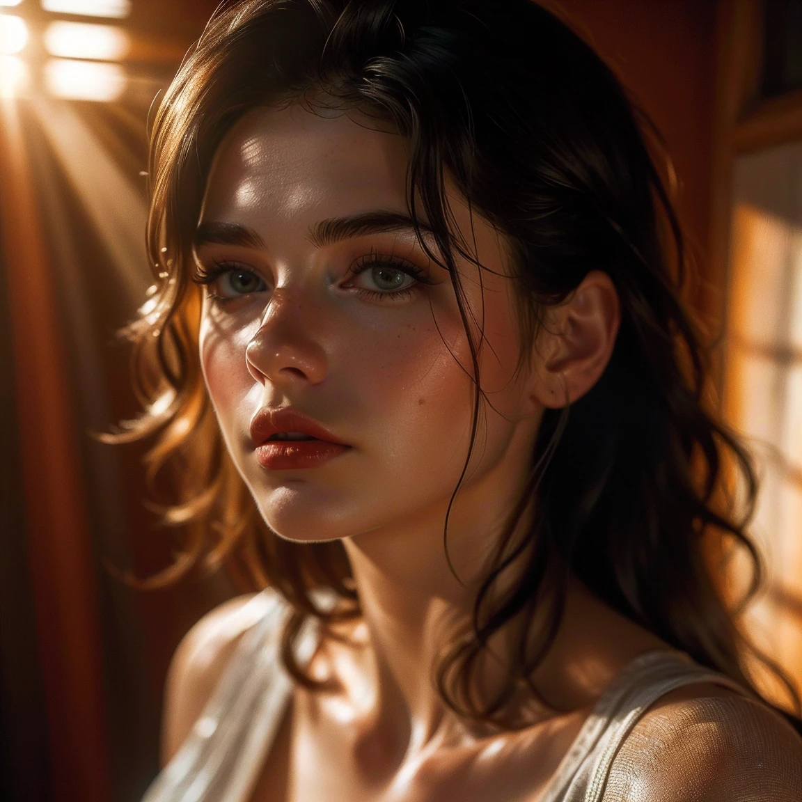 (((ultra realistic))) Photo, masterpiece, top quality, (pale skin), (Ultra detailed face and eyes:1.3), 1 girl in a T-shirt, (Eye makeup, mascara) , ((large detailed lips)), ((Dark hair)), ((Chyolka)) , (Natural breasts). ((Posing)), photoshoot, studio (soft lighting), (The play of light and shadows), depth of field, bokeh, (special attention to skin detail: 1.2), Detailed leather texture, skin pores. (Warm atmosphere of the frame. Color range - black, Red, Yellow tones), ((Film grain)), ((rays)), ((glare from the sun)), ((waist up portrait, close to the camera)) , ultra detialed,